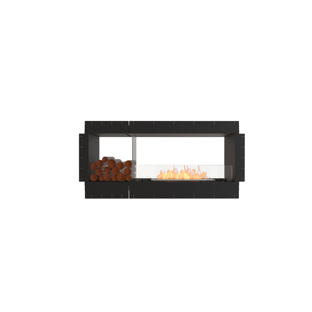 EcoSmart Fire Flex 60 bioethanol fireplace with a black frame, glass screen, orange flames, and a log storage section.