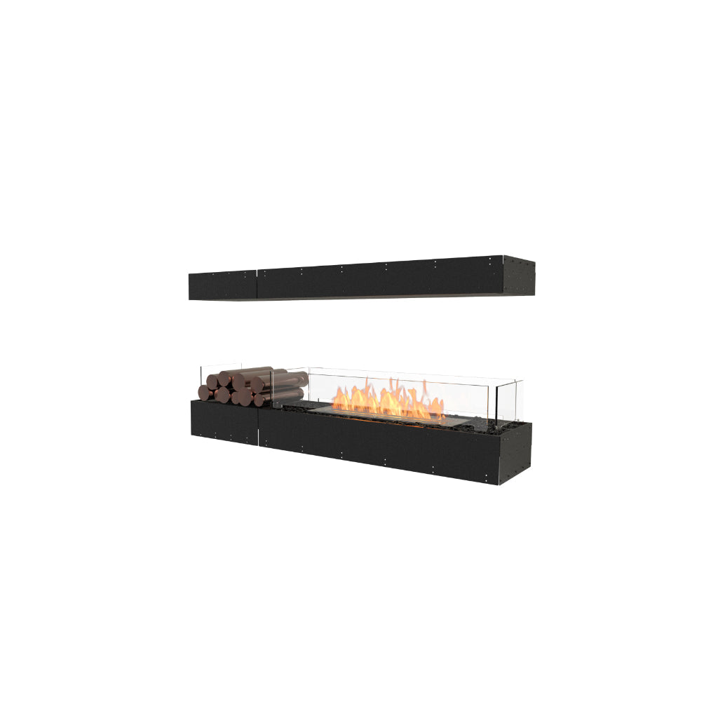EcoSmart Fire Flex 60 bioethanol fireplace with a black frame, glass screen, orange flames, and decorative logs.