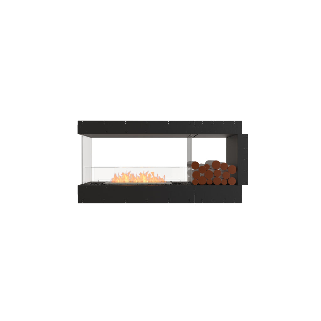 EcoSmart Fire Flex 60 bioethanol fireplace with a black frame, glass screen, orange flames, and side log storage.