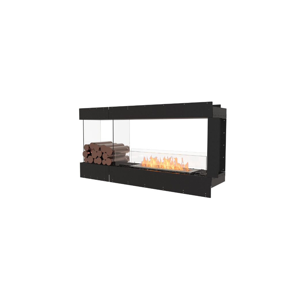 EcoSmart Fire Flex 60 bioethanol fireplace with a black frame, glass sides, orange flames, and decorative logs.