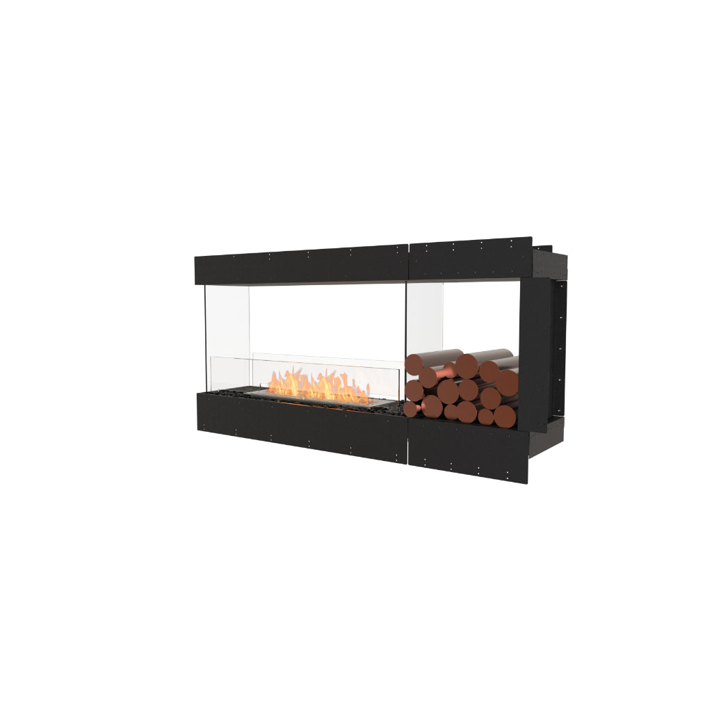 EcoSmart Fire Flex 60 bioethanol fireplace with a black frame, glass screen, orange flames, and decorative logs.