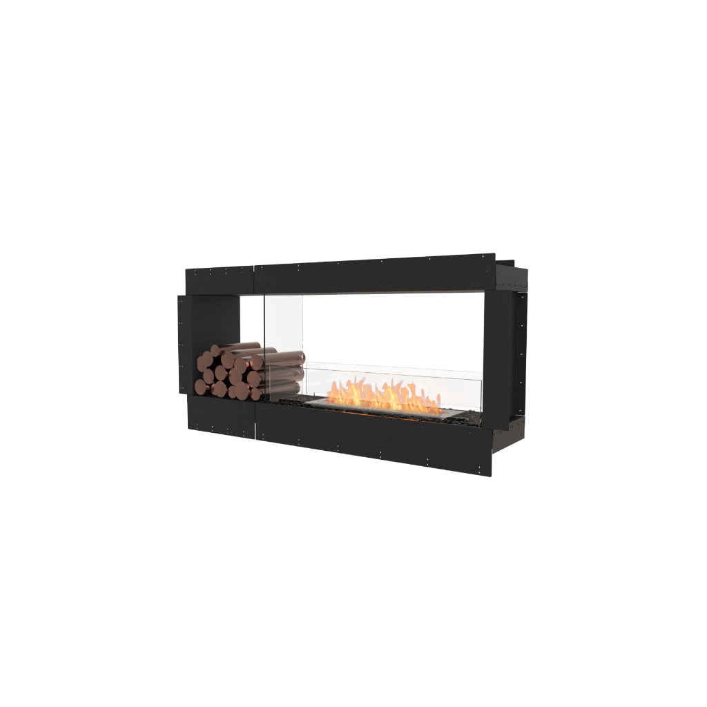 EcoSmart Fire Flex 60 bioethanol fireplace with a black frame, glass screen, and decorative logs on a white background.