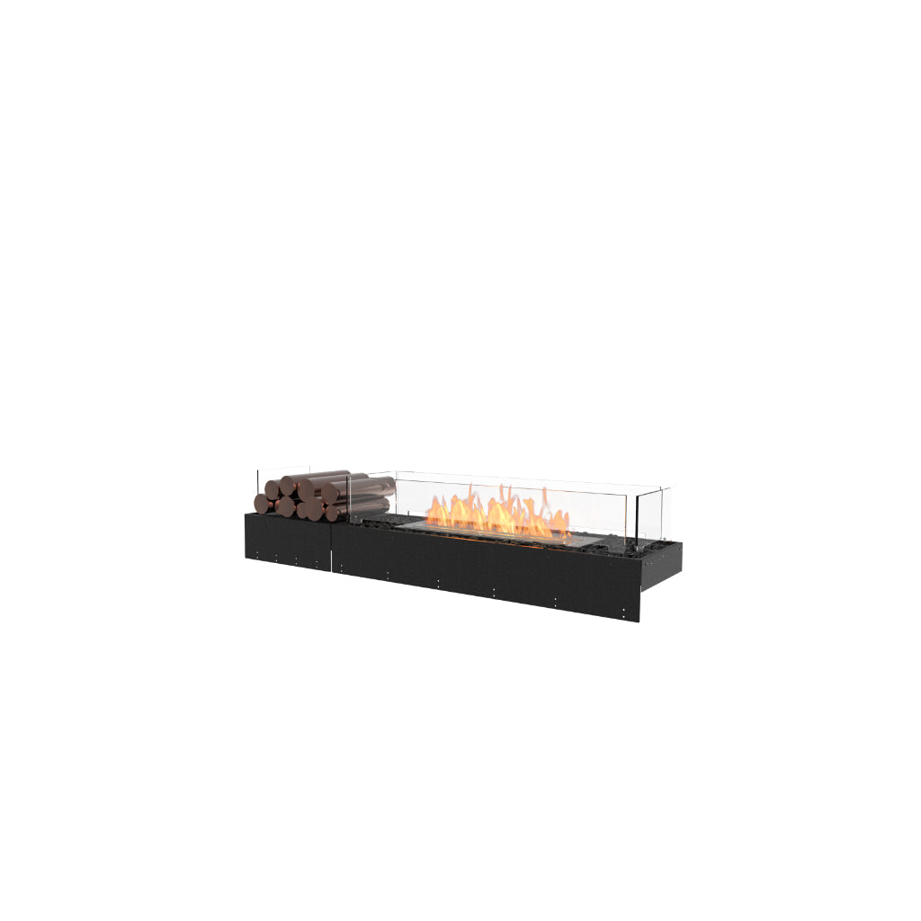 EcoSmart Fire Flex 60 bioethanol fireplace with a black base, glass screen, orange flames, and decorative logs.
