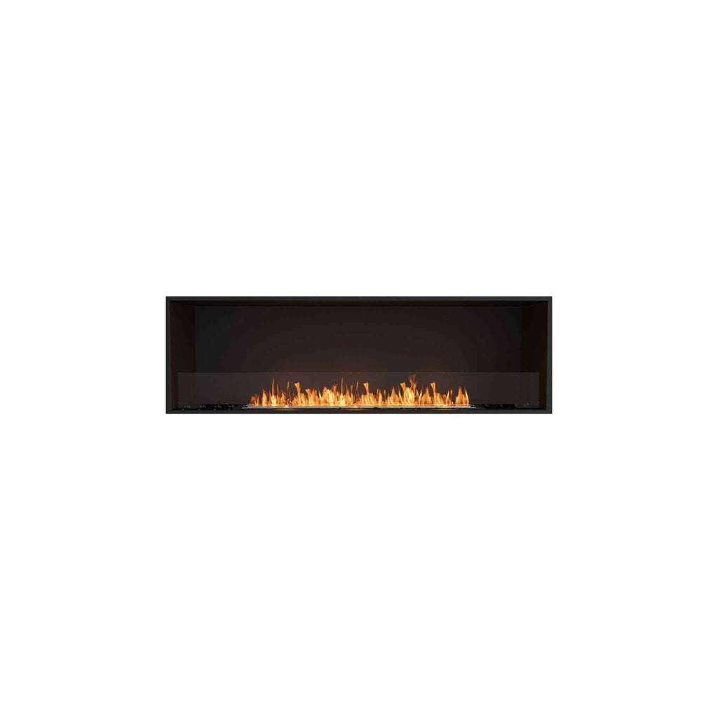 EcoSmart Fire Flex 68 bioethanol fireplace insert with a black frame and a long, linear flame behind a glass screen.