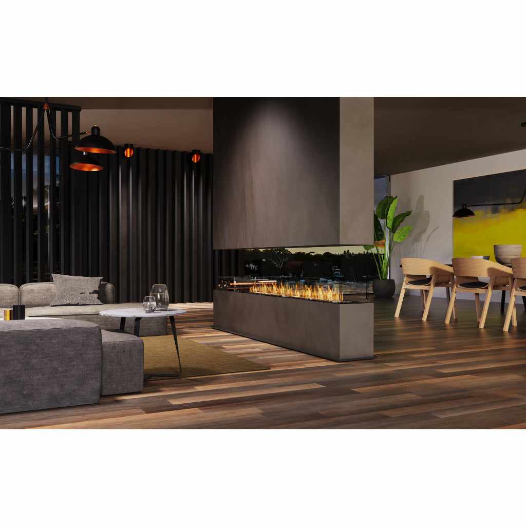 EcoSmart Fire Flex 68 bioethanol fireplace with a long, linear flame in a modern, open-plan living room.
