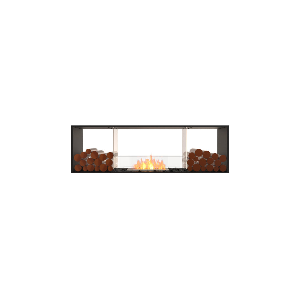 EcoSmart Fire Flex 68 bioethanol fireplace with a black frame, central glass-enclosed flame, and decorative log stacks.