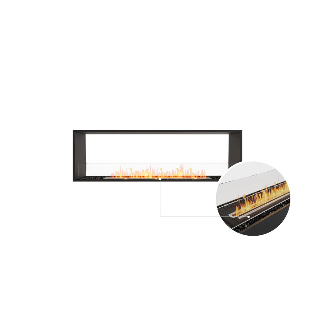 EcoSmart Fire Flex 68 bioethanol fireplace with a black frame, glass screen, and a close-up of the burner flame.