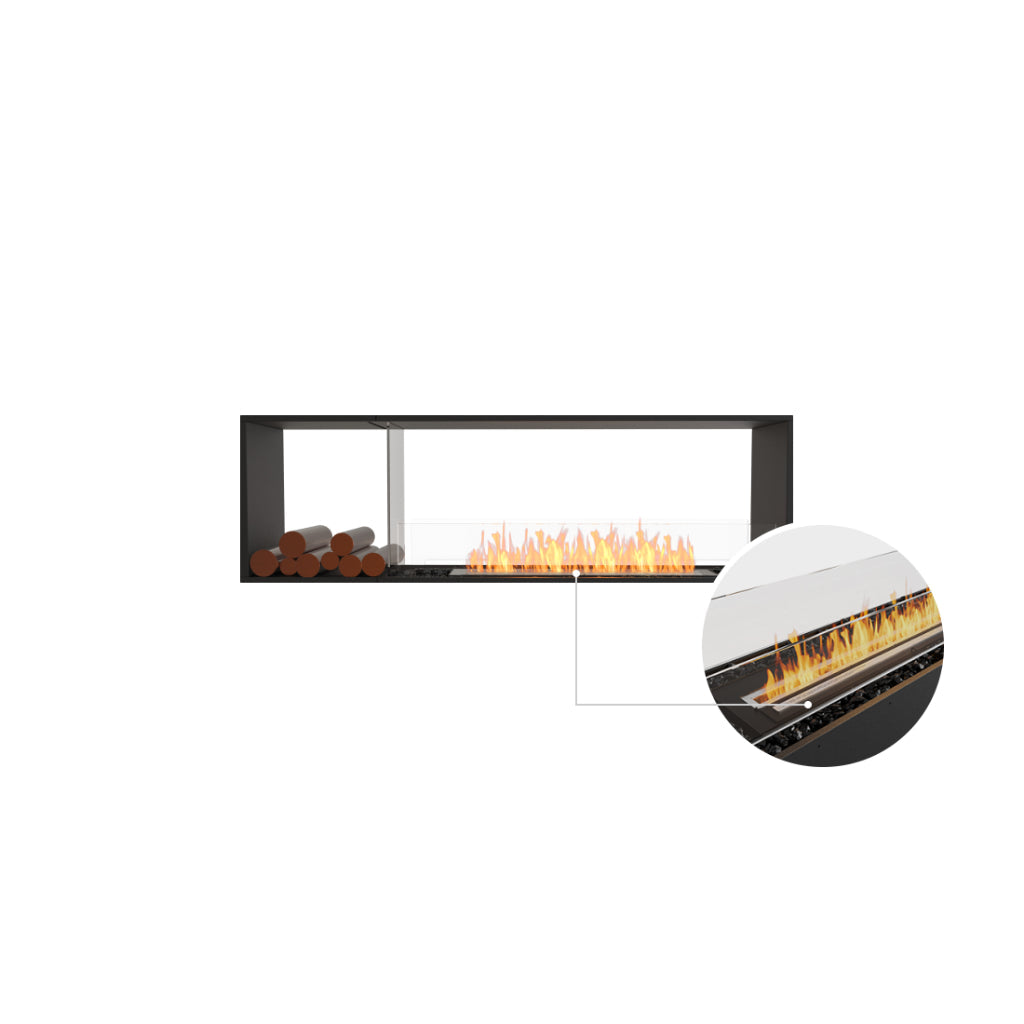 EcoSmart Fire Flex 68 bioethanol fireplace with a black frame, decorative logs, and a glass-enclosed burner detail.