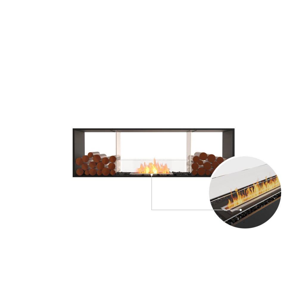EcoSmart Fire Flex 68 bioethanol fireplace with black frame, glass panels, decorative logs, and a close-up of the flame.