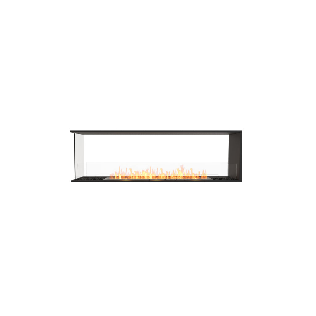 EcoSmart Fire Flex 68 bioethanol fireplace with a black frame, glass side panels, and a long, linear orange flame.