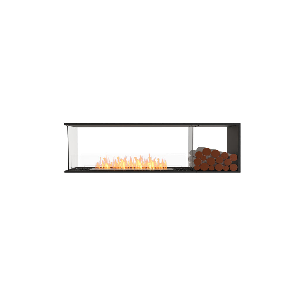 EcoSmart Fire Flex 68 bioethanol fireplace with a black frame, glass screen, linear flame, and side log storage.