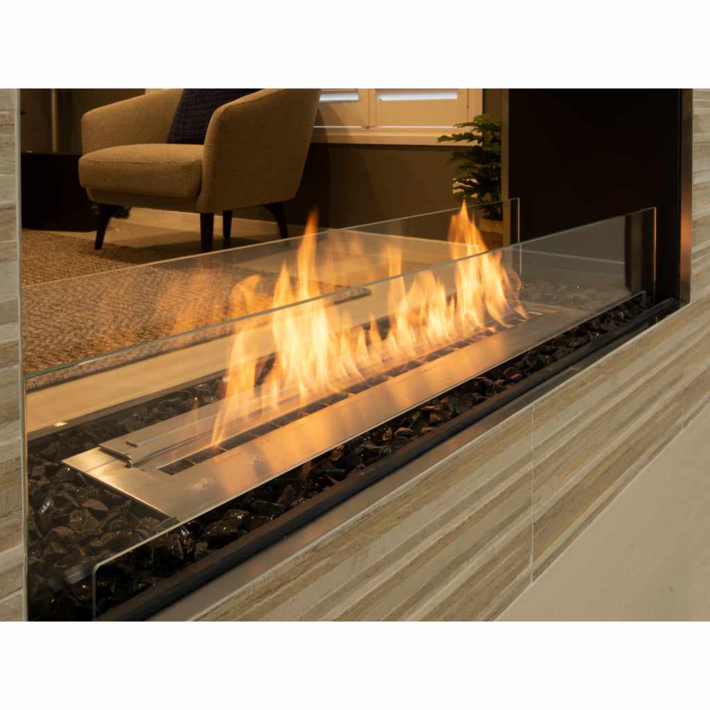 EcoSmart Fire Flex 68 bioethanol fireplace with a stainless steel burner, glass screen, and black decorative stones.