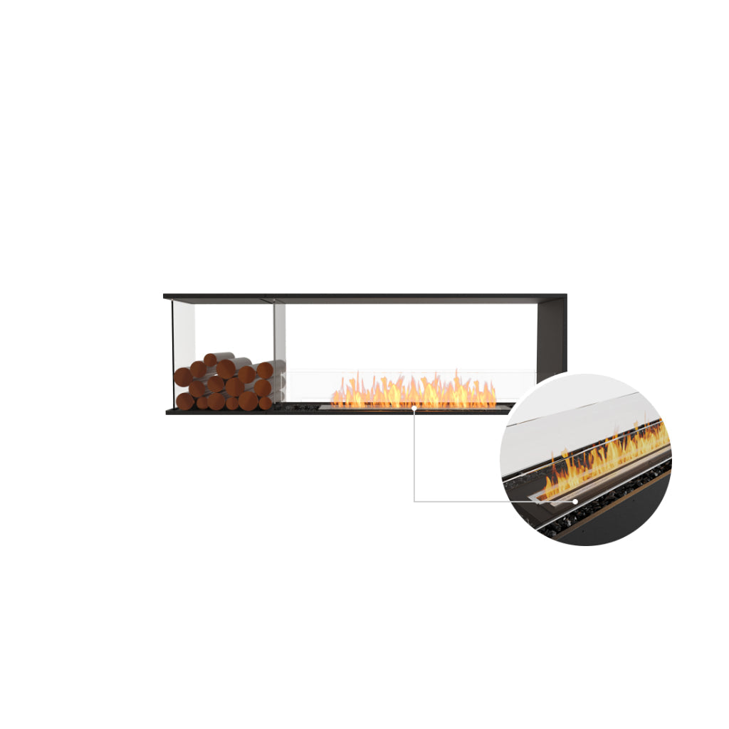 EcoSmart Fire Flex 68 bioethanol fireplace with black frame, glass screen, log storage, and a close-up of the flame.