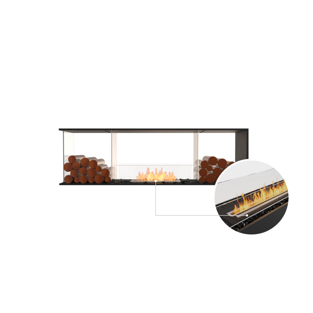 EcoSmart Fire Flex 68 bioethanol fireplace with glass sides, decorative logs, and a close-up of the central flame burner.