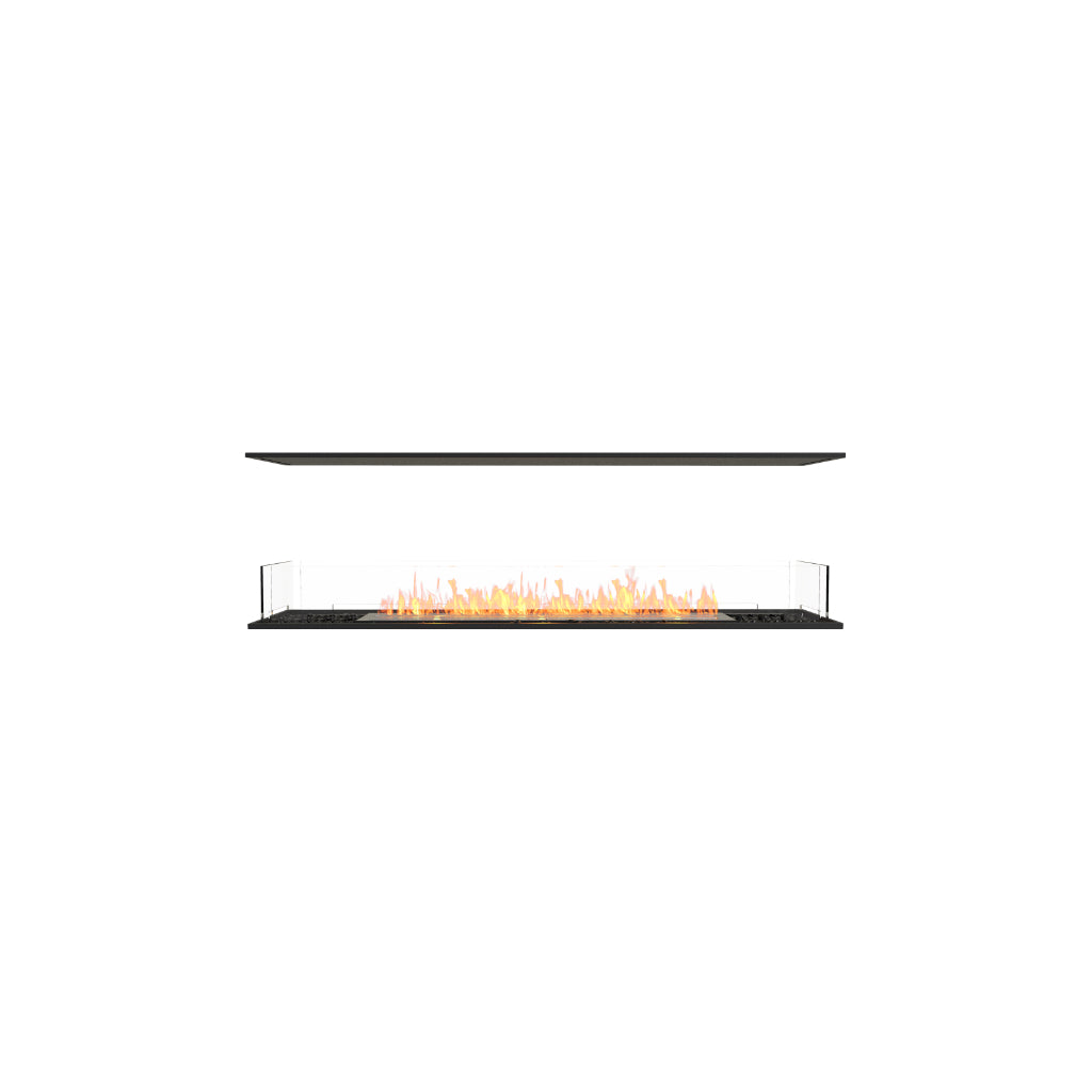 EcoSmart Fire Flex 68 bioethanol fireplace with a black frame, glass screen, and a long, linear orange flame.