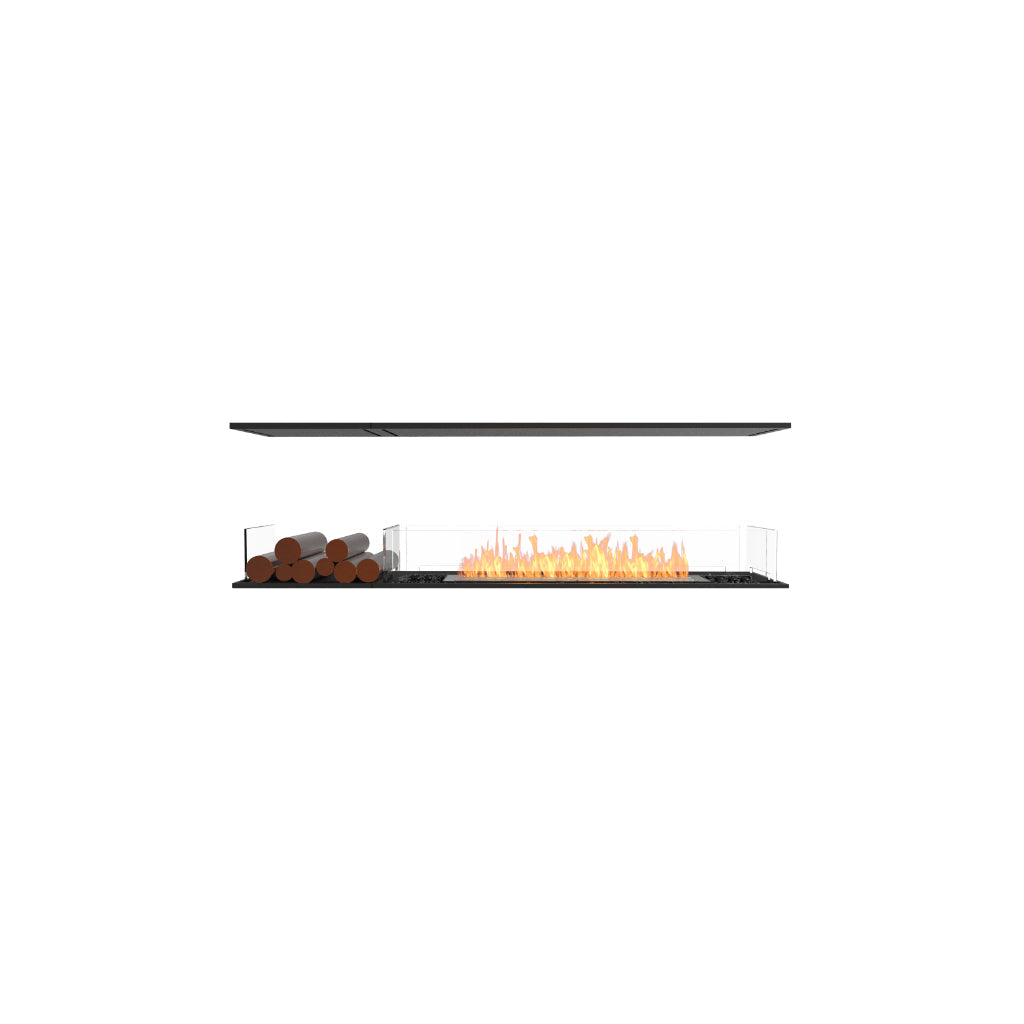 EcoSmart Fire Flex 68 bioethanol fireplace with a black frame, glass side panels, decorative logs, and orange flames.