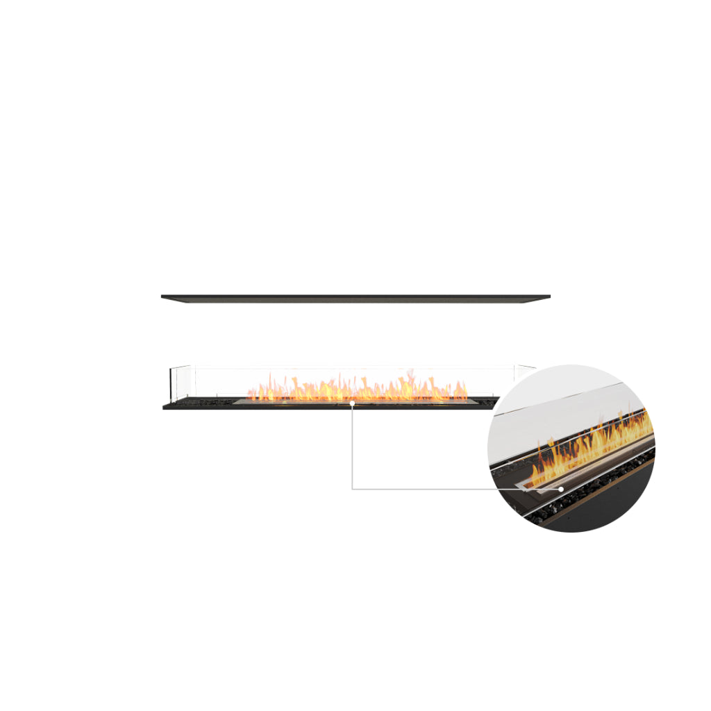 EcoSmart Fire Flex 68 bioethanol fireplace with a linear flame, glass side panels, and black decorative stones.