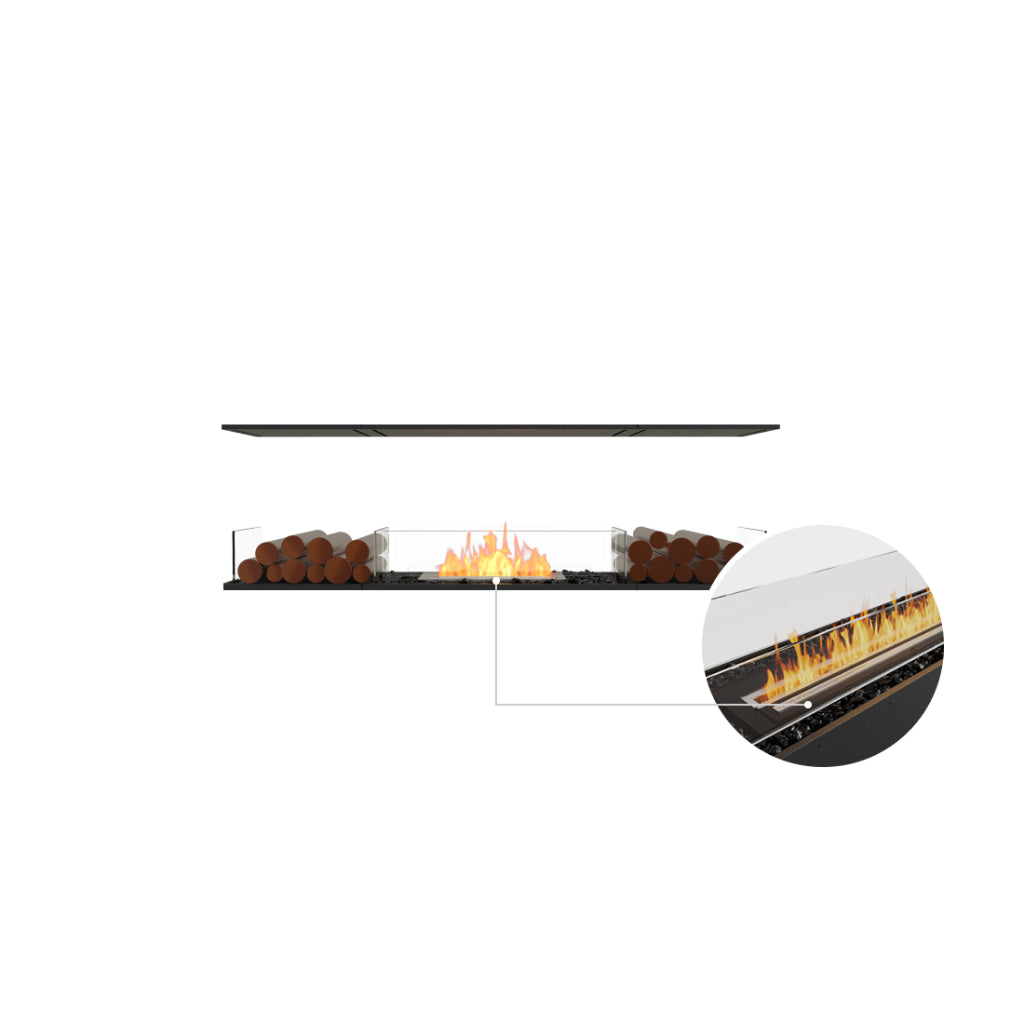 EcoSmart Fire Flex 68 bioethanol fireplace with glass sides, decorative logs, black stones, and a zoomed-in burner detail.