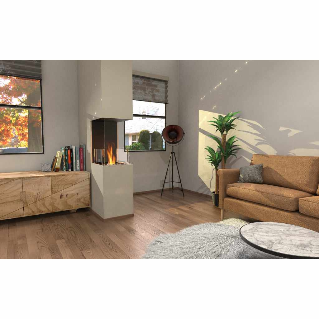 EcoSmart Fire Flex 68 bioethanol fireplace with a three-sided glass design in a modern living room setting.