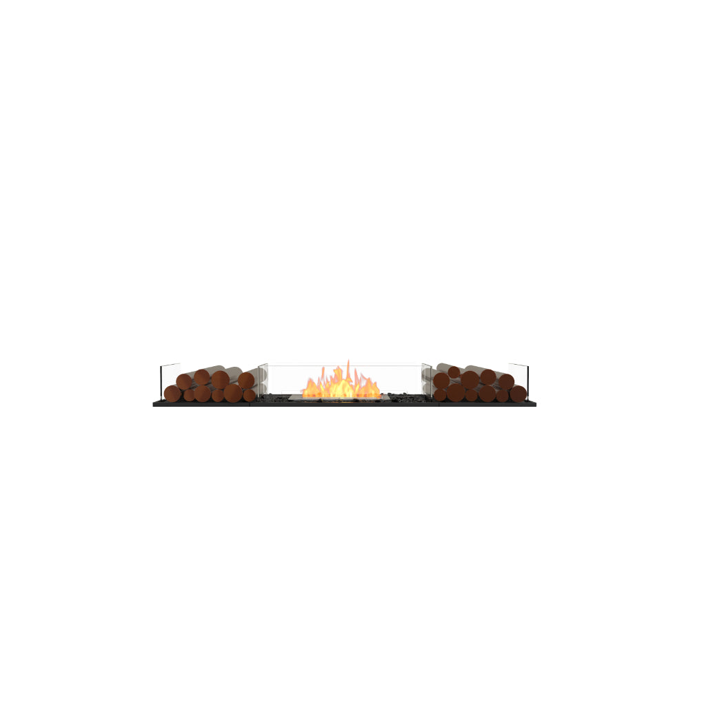 EcoSmart Fire Flex 68 bioethanol fireplace with a central flame, glass side panels, and decorative logs on a black base.