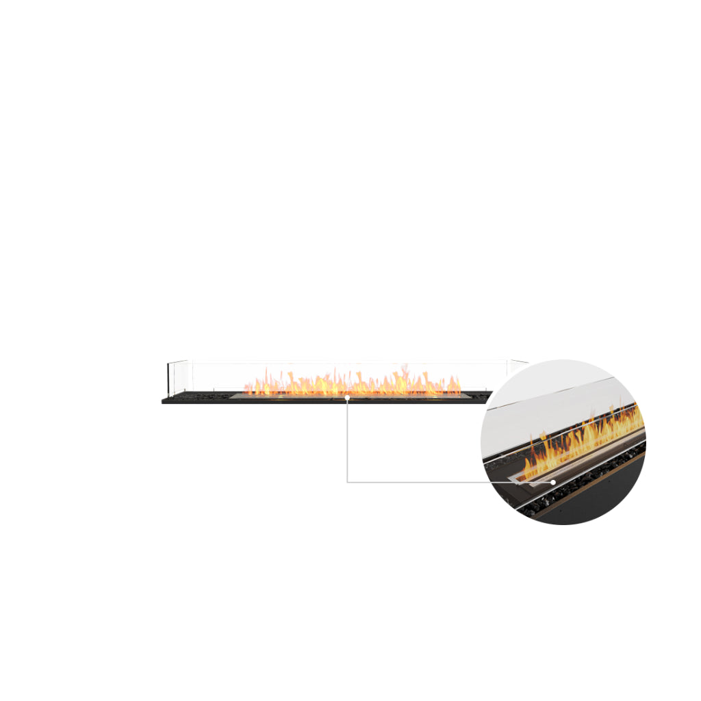 EcoSmart Fire Flex 68 bioethanol fireplace with a linear flame, glass screen, and black decorative stones.