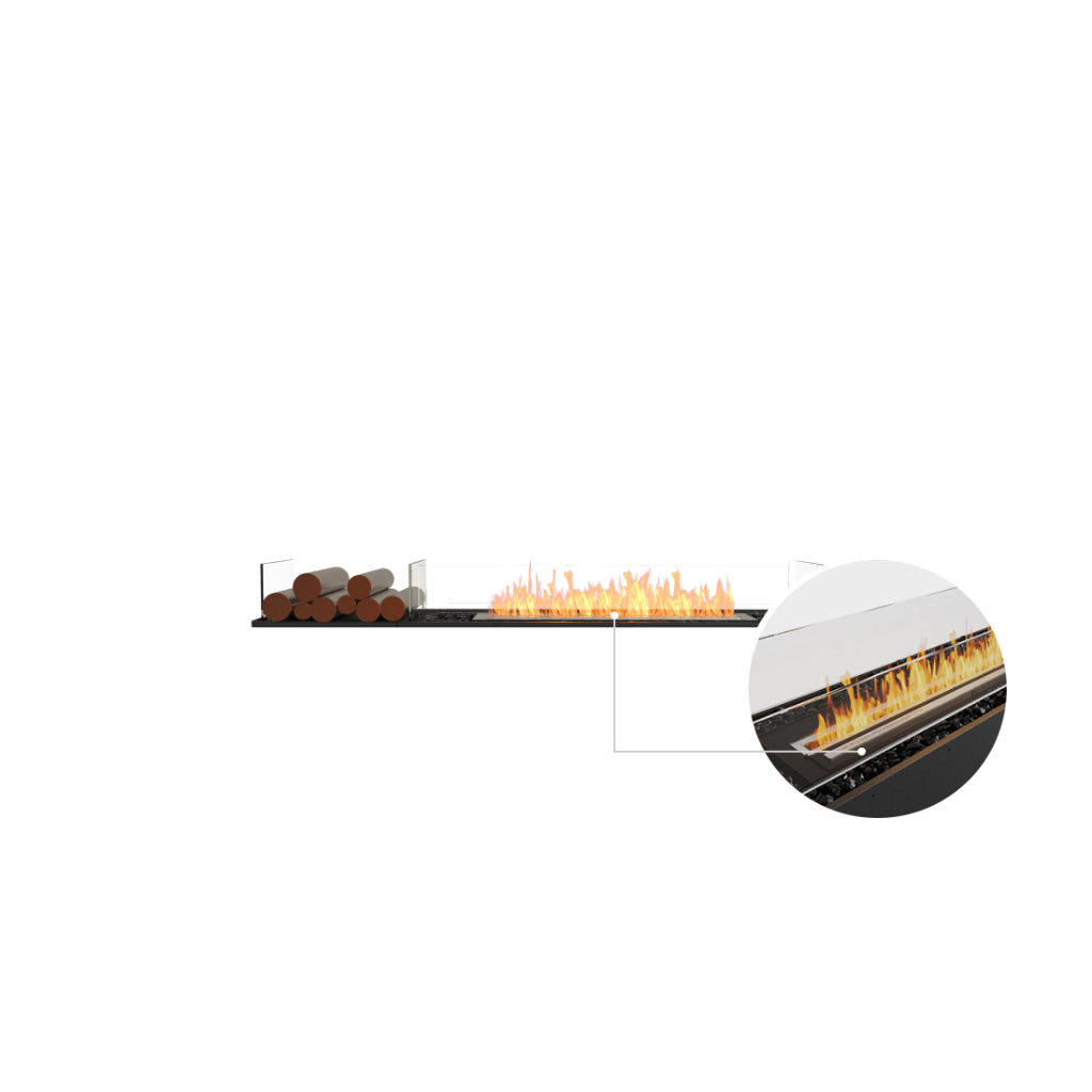 EcoSmart Fire Flex 68 bioethanol fireplace with glass screens, decorative logs, and a close-up of the burner flame.