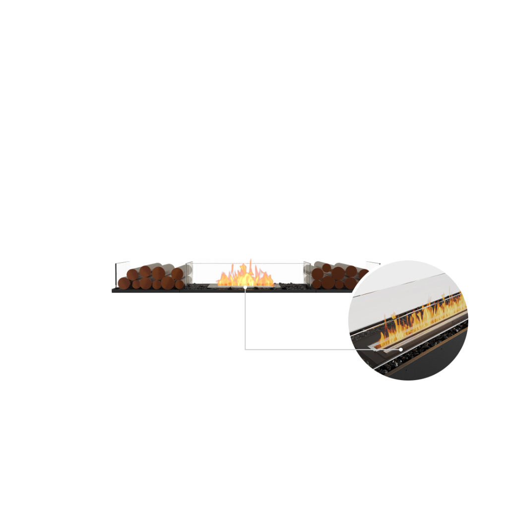 EcoSmart Fire Flex 68 bioethanol fireplace with glass screens, decorative logs, black stones, and a zoomed-in flame detail.