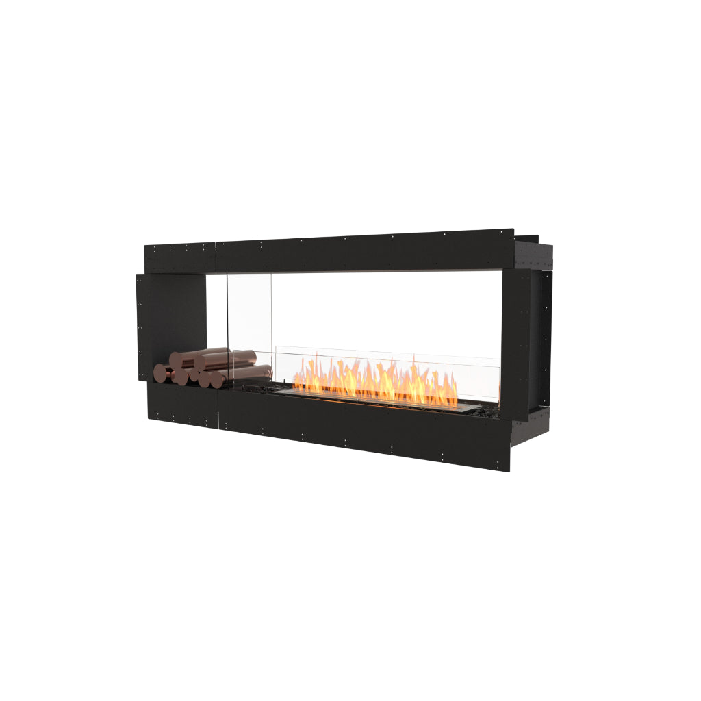 EcoSmart Fire Flex 68 bioethanol fireplace with a black frame, glass screen, and decorative logs on a white background.