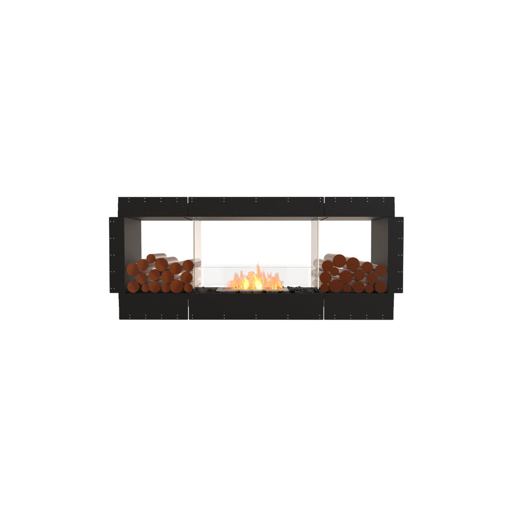 EcoSmart Fire Flex 68 bioethanol fireplace with a black frame, glass screen, central flame, and decorative log stacks.