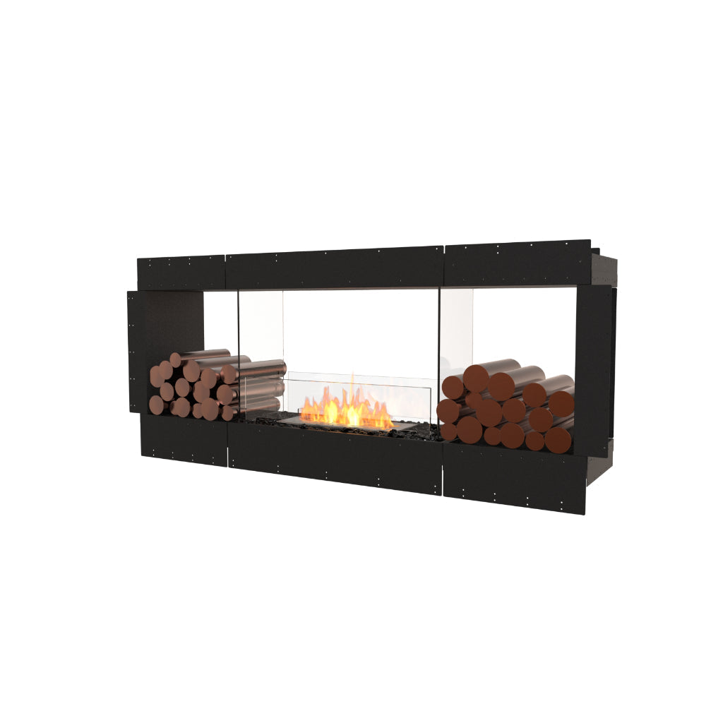 EcoSmart Fire Flex 68 bioethanol fireplace with a black frame, glass screen, and decorative logs on a white background.