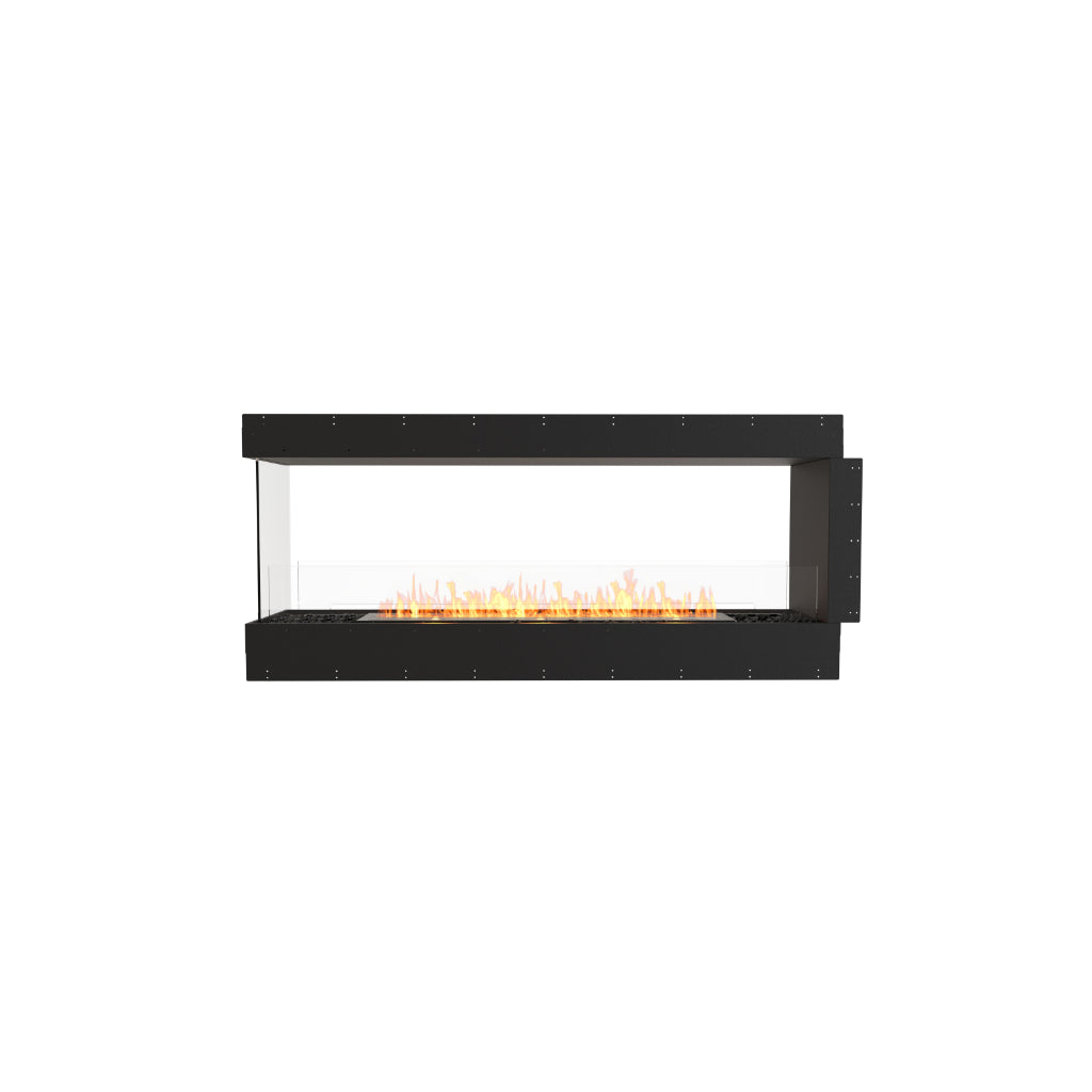 EcoSmart Fire Flex 68 bioethanol fireplace with a black frame, glass side panels, and a long, glowing orange flame.