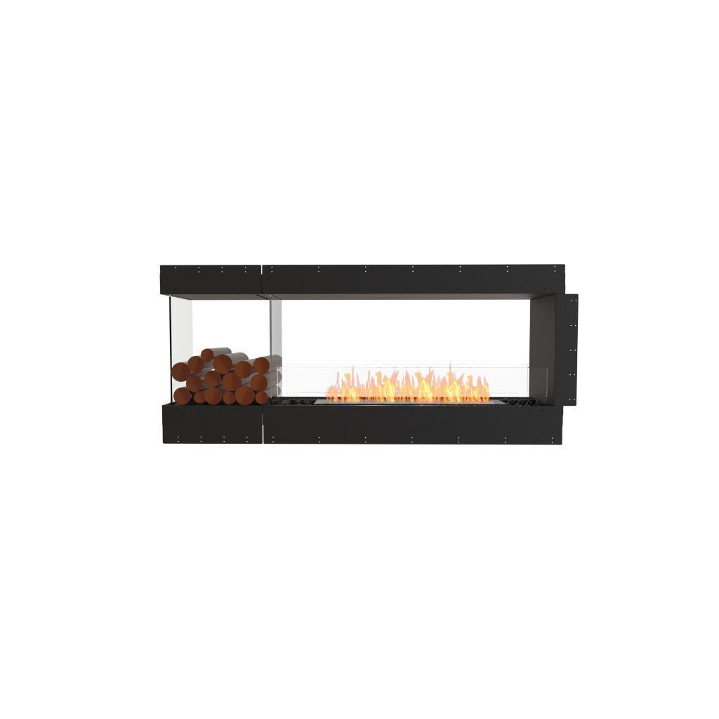 EcoSmart Fire Flex 68 bioethanol fireplace with a black frame, glass side panels, and a burning flame with log storage.