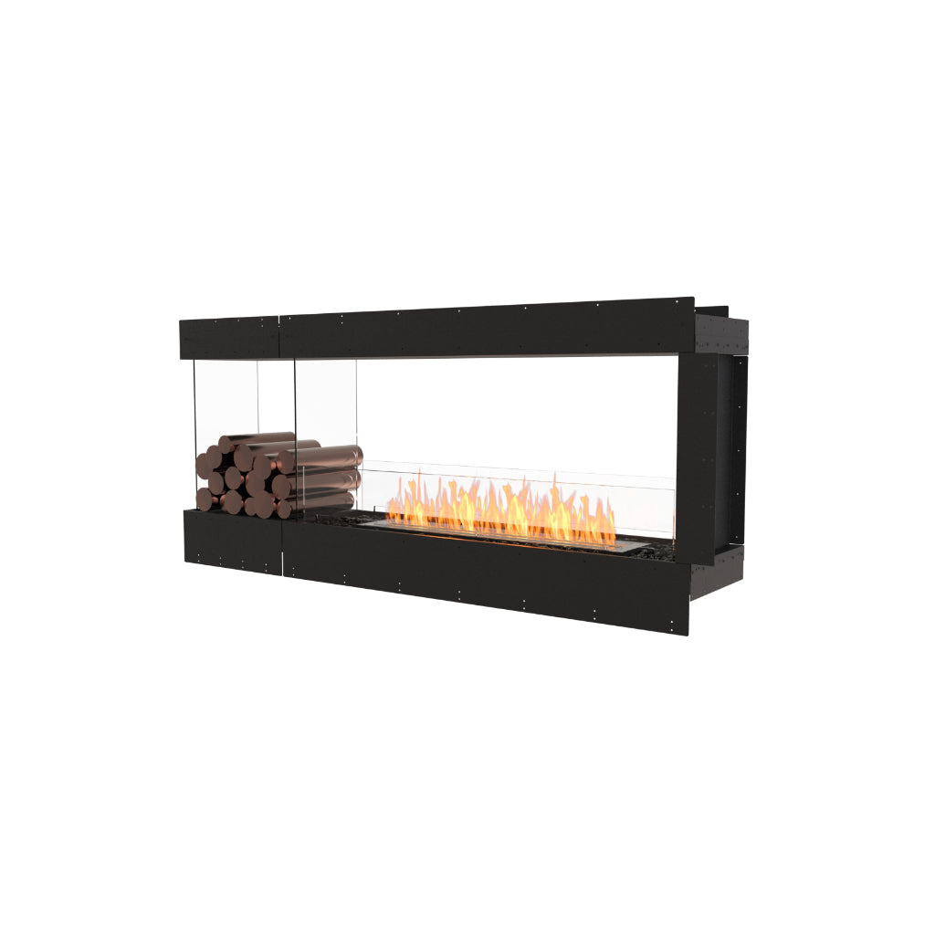 EcoSmart Fire Flex 68 bioethanol fireplace with a black frame, glass sides, and decorative logs against a white background.