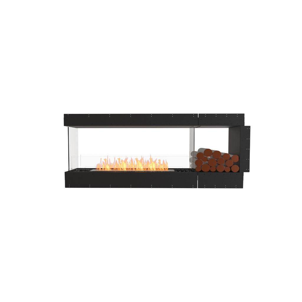 EcoSmart Fire Flex 68 bioethanol fireplace with a black frame, glass screen, orange flames, and side log storage.