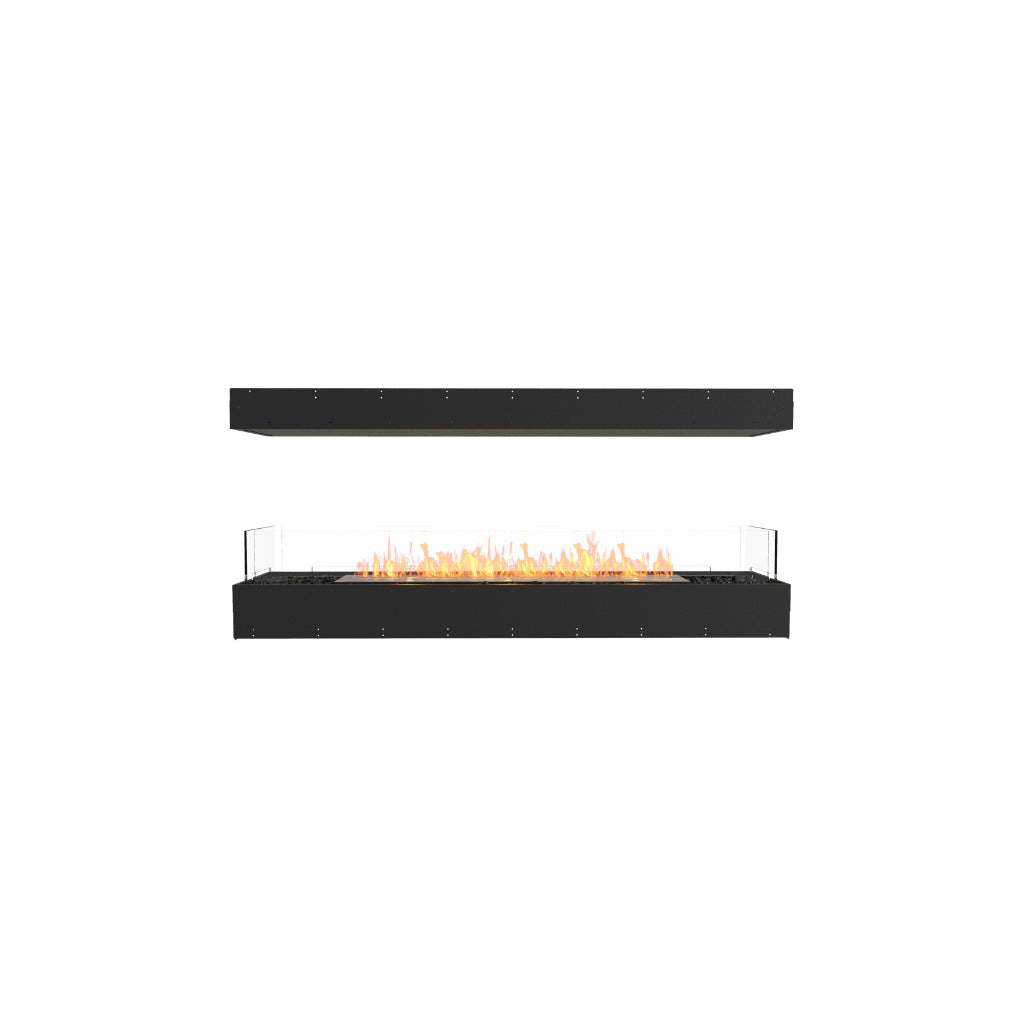 EcoSmart Fire Flex 68 bioethanol fireplace with a black frame, glass side panels, and a long, linear orange flame.