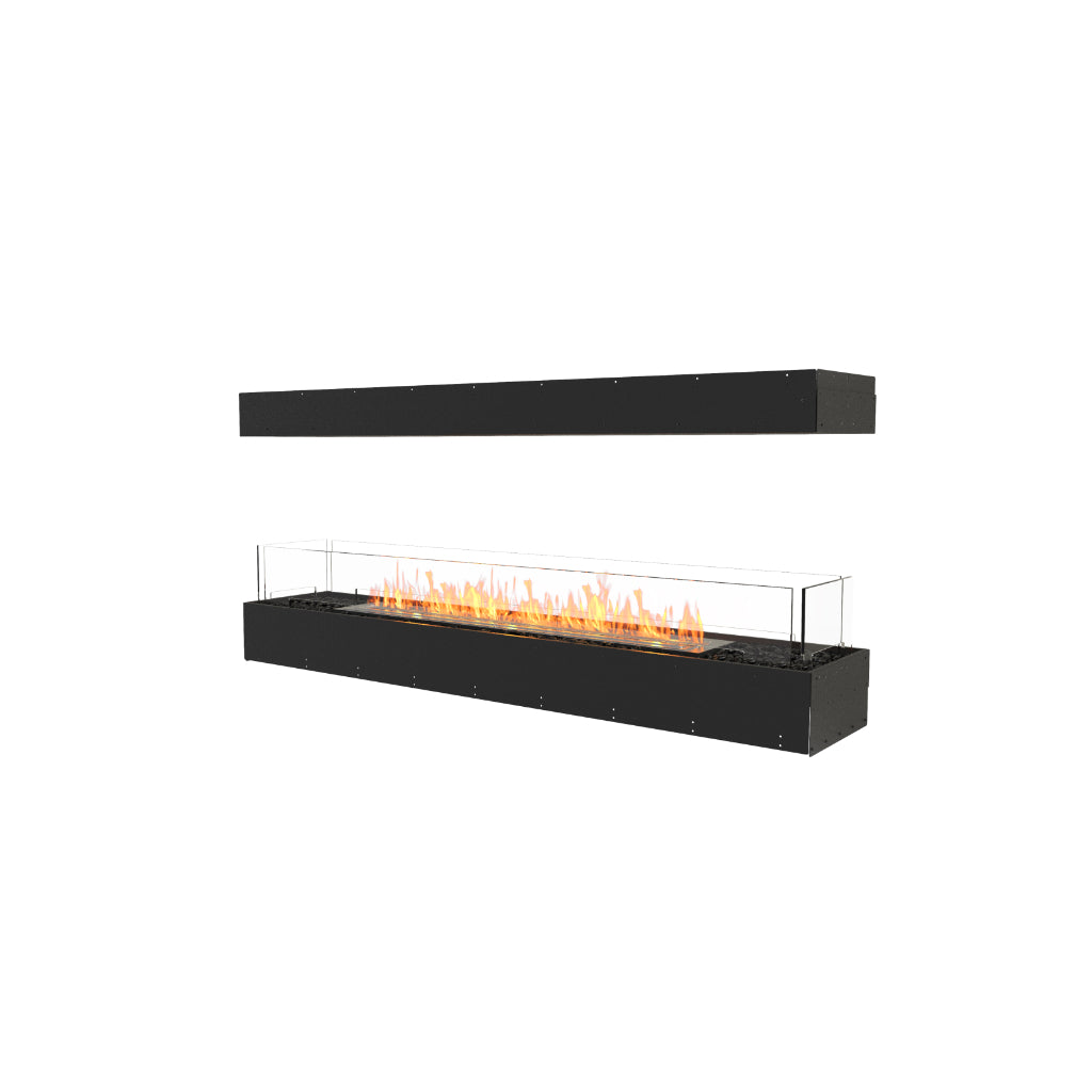 EcoSmart Fire Flex 68 bioethanol fireplace with a black rectangular frame, glass screen, and visible orange flames.