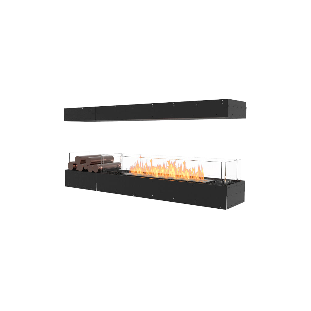 EcoSmart Fire Flex 68 bioethanol fireplace with a black frame, glass screen, and decorative copper-coloured logs.