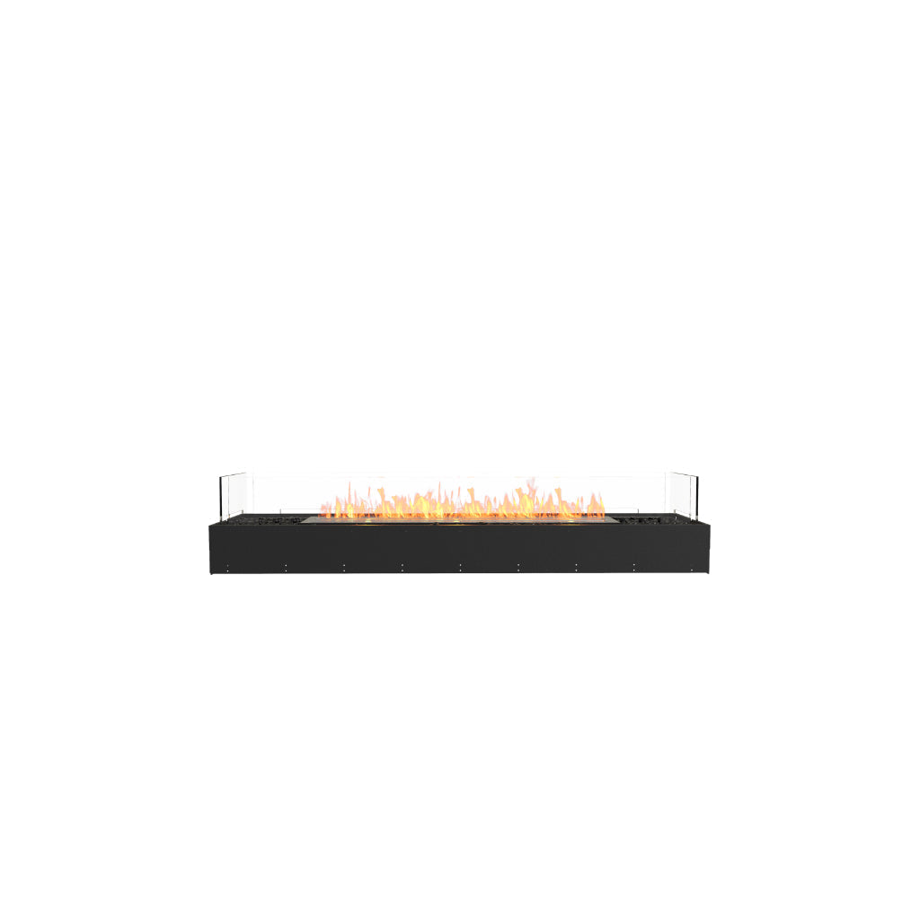 EcoSmart Fire Flex 68 bioethanol fireplace with a black rectangular base, glass screen, and linear orange flames.