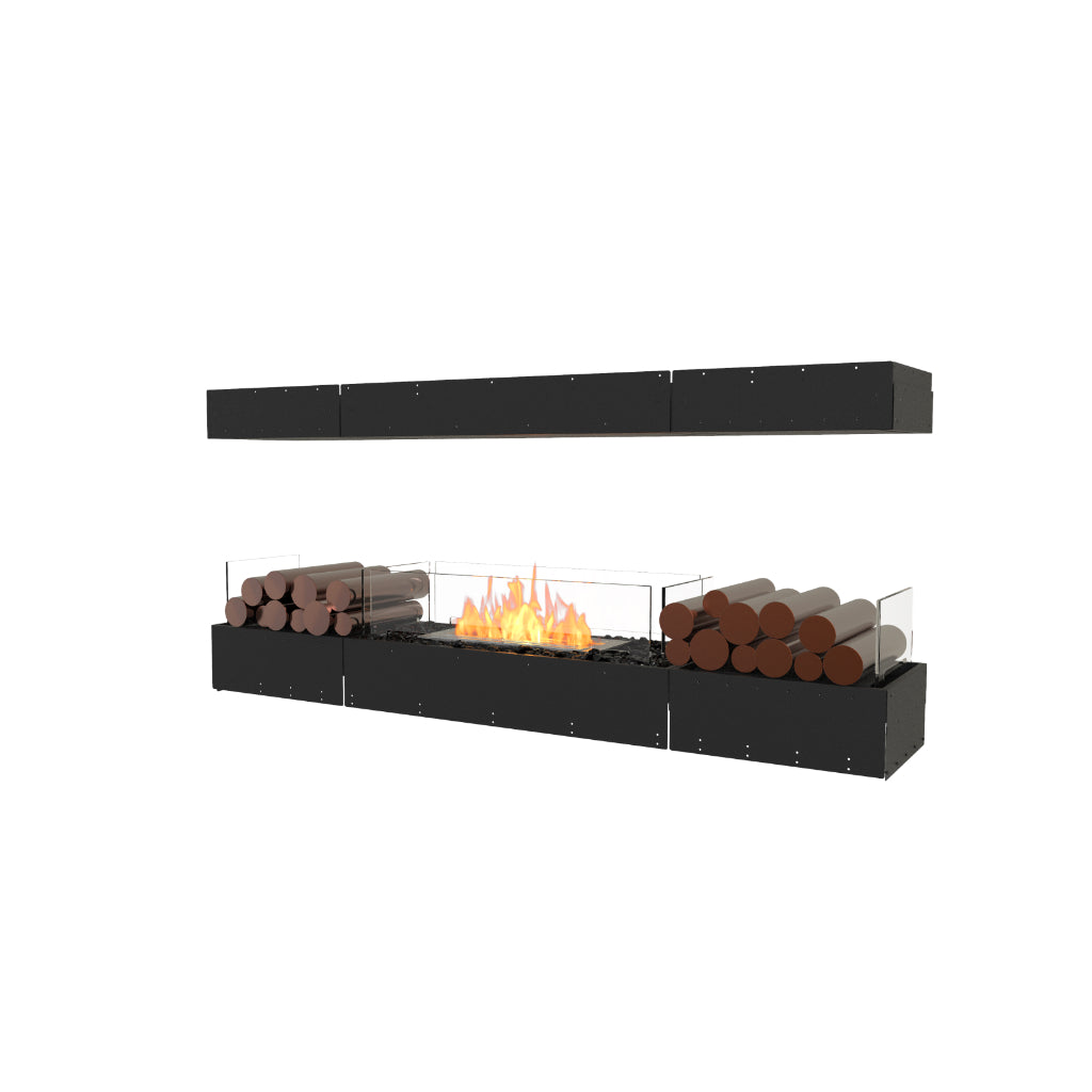 EcoSmart Fire Flex 68 bioethanol fireplace with black frame, central flame, glass screens, and decorative log stacks.