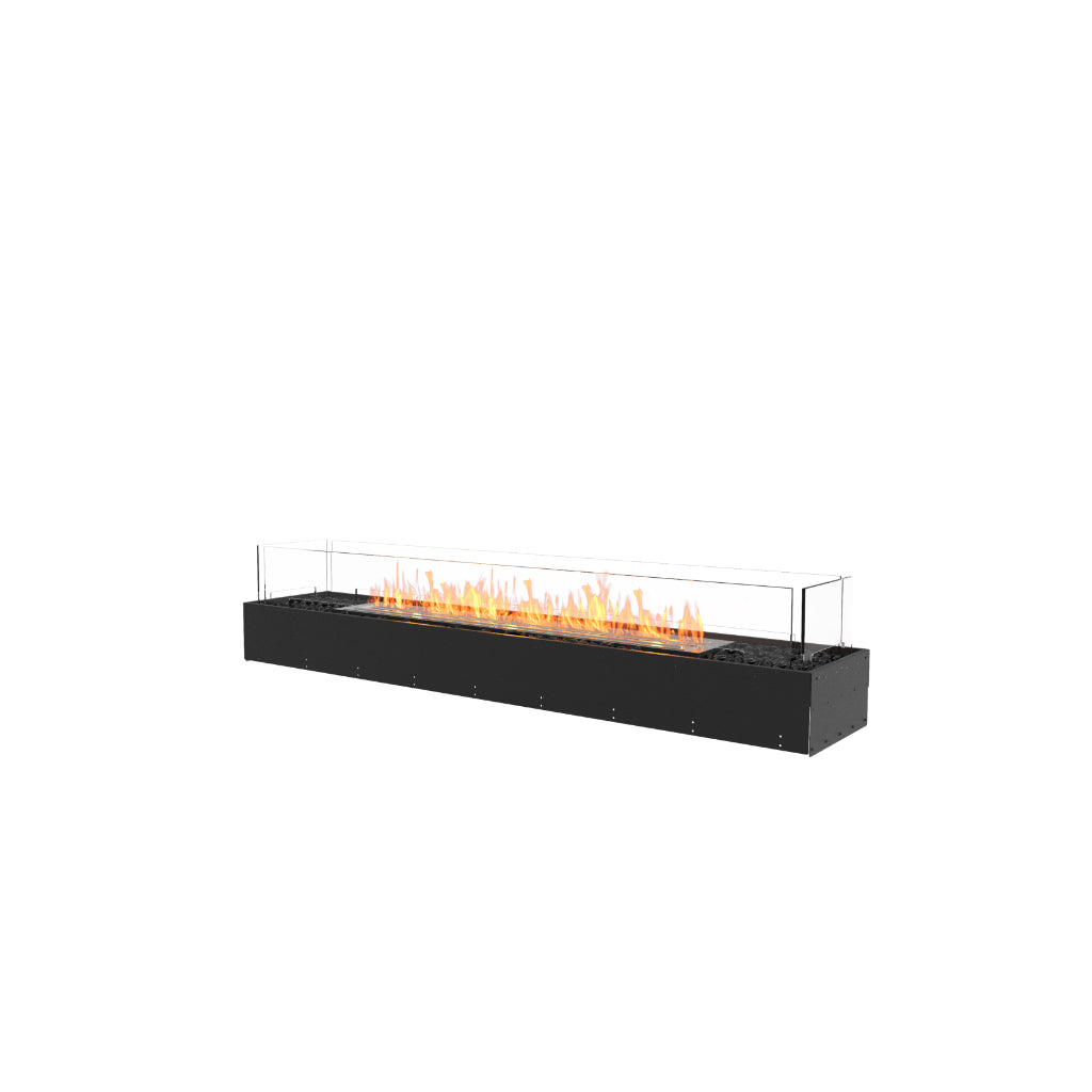 EcoSmart Fire Flex 68 bioethanol fireplace with a black rectangular base, glass screen, and visible orange flames.