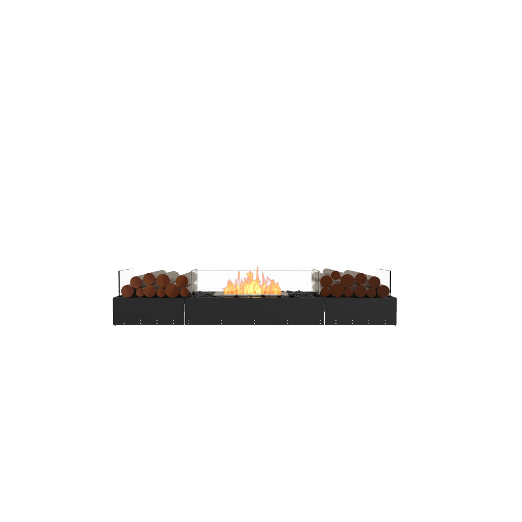 EcoSmart Fire Flex 68 bioethanol fireplace with a black base, glass screens, and decorative logs flanking the flame.
