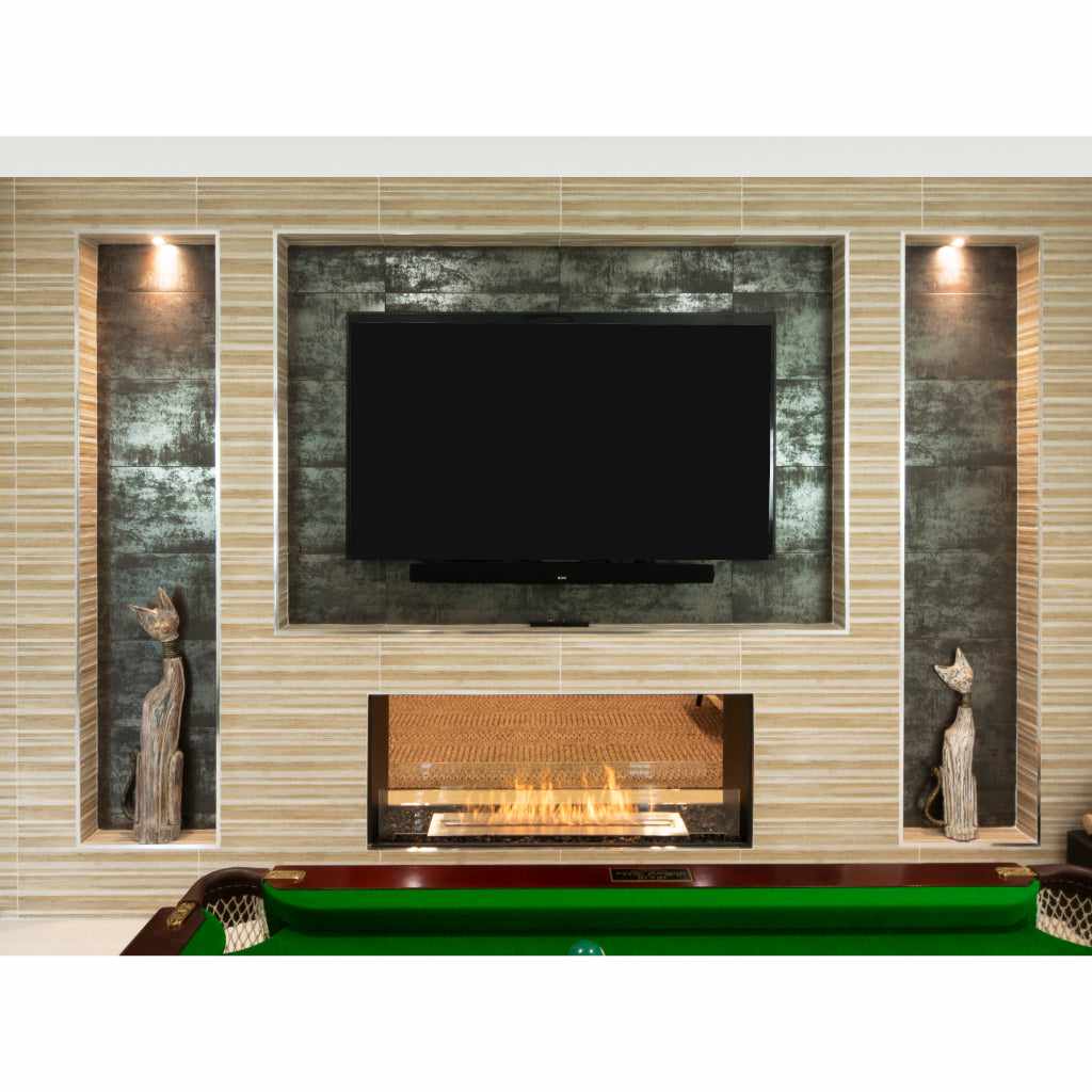 EcoSmart Fire Flex 68 bioethanol fireplace insert set in a tiled wall with a mounted television and pool table.