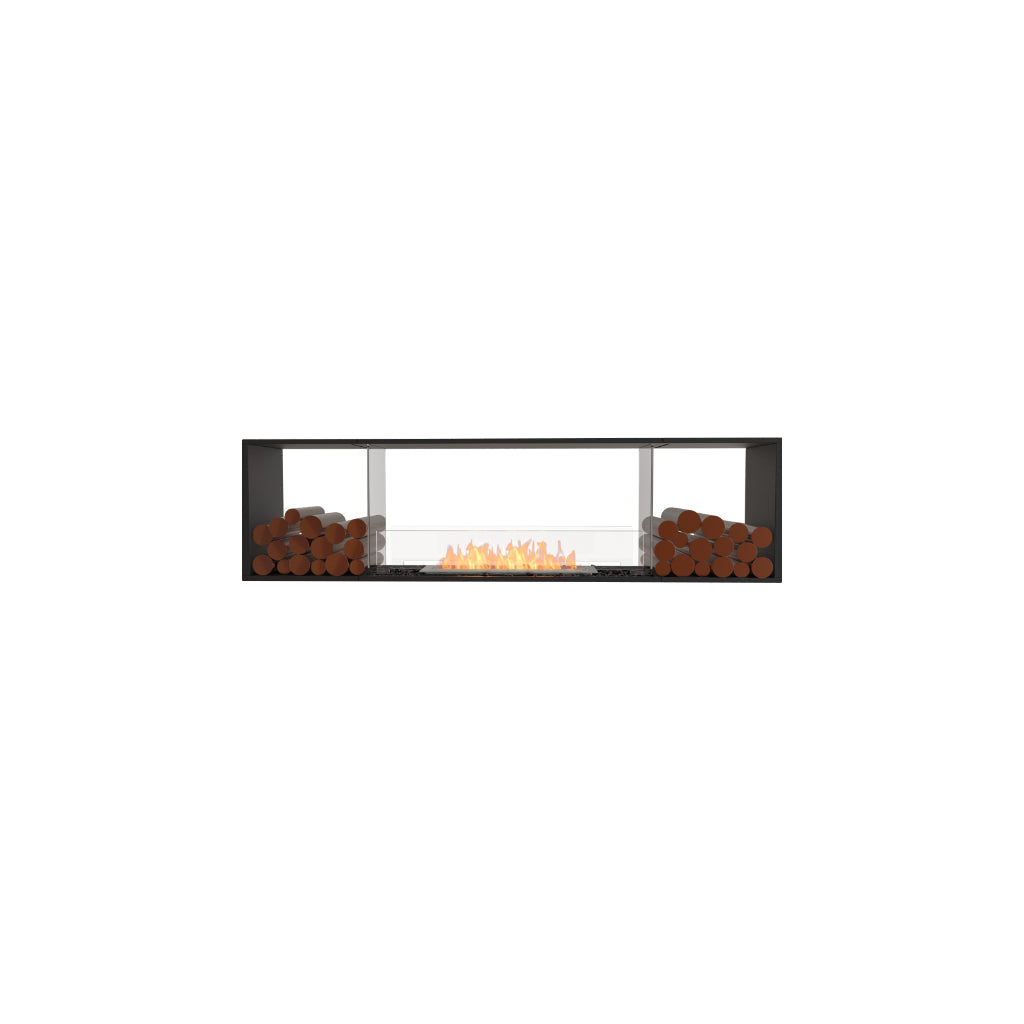 EcoSmart Fire Flex 78 bioethanol fireplace with a black frame, central flame, and decorative logs on both sides.