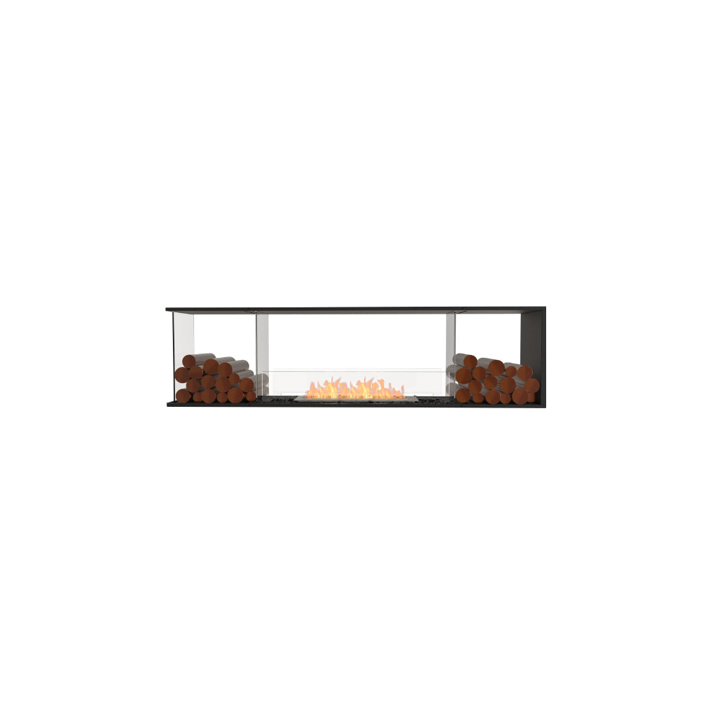 EcoSmart Fire Flex 78 bioethanol fireplace with a black frame, glass sides, and decorative logs on both ends.