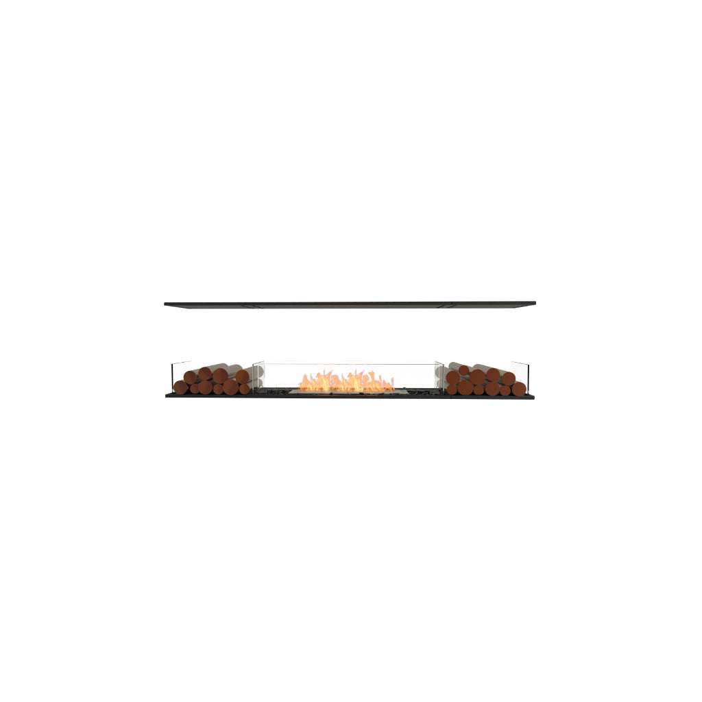 EcoSmart Fire Flex 78 bioethanol fireplace with a black frame, glass side panels, and decorative logs with flames.