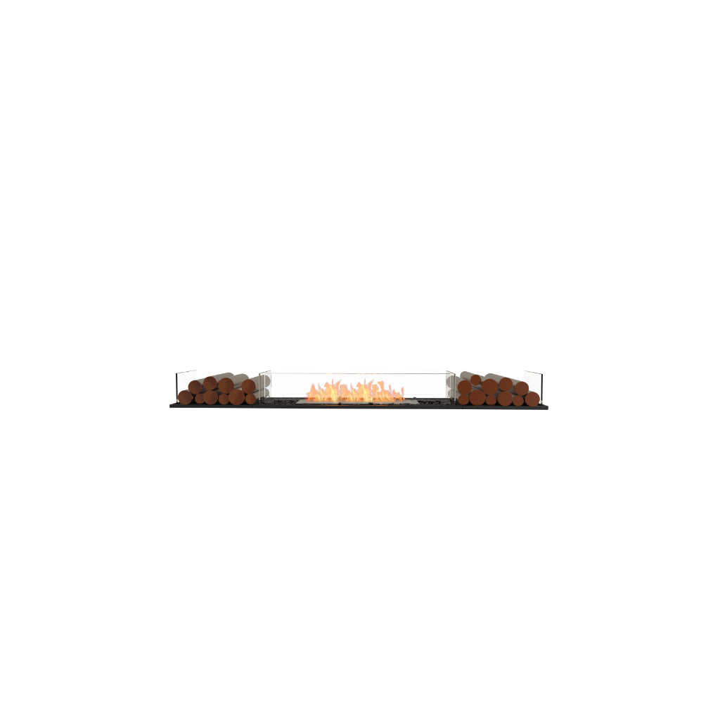 EcoSmart Fire Flex 78 bioethanol fireplace with a central flame, glass side panels, and decorative logs on a black base.