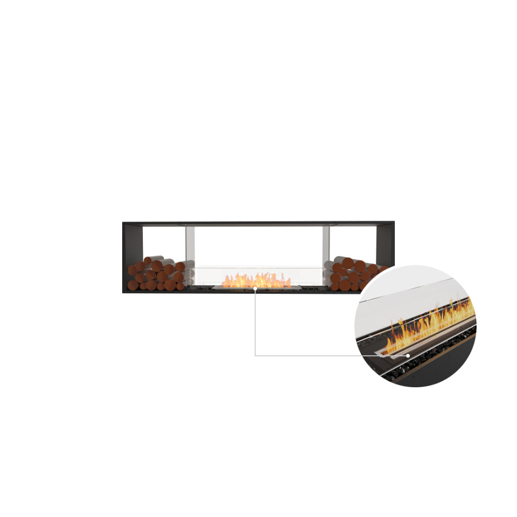 EcoSmart Fire Flex 78 bioethanol fireplace with black frame, glass panels, decorative logs, and a close-up flame detail.
