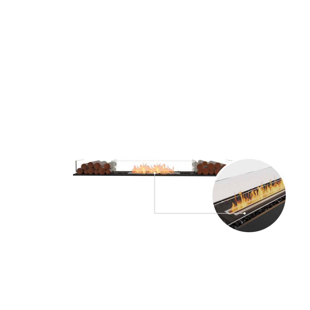 EcoSmart Fire Flex 78 with glass screens, decorative logs, and a close-up of the linear bioethanol burner flame.