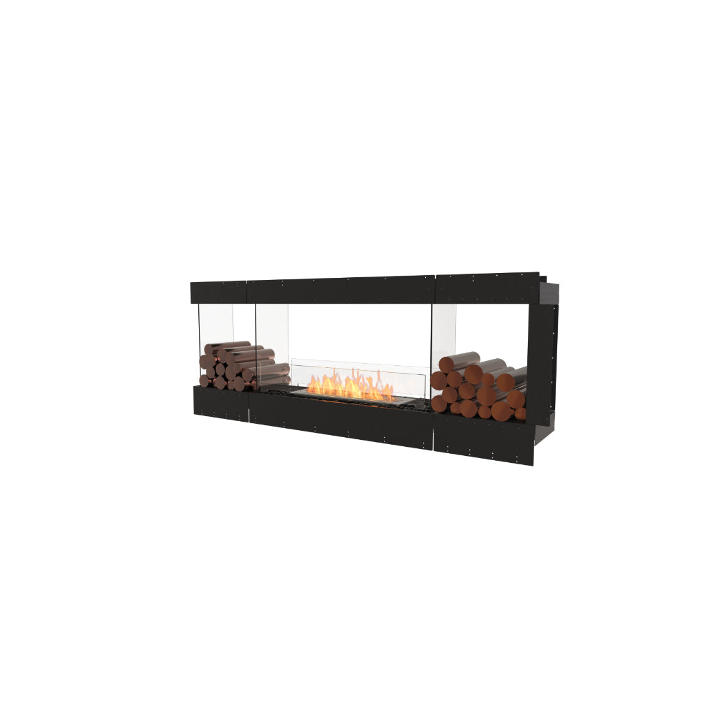 EcoSmart Fire Flex 78 bioethanol fireplace with black frame, glass panels, and decorative logs on a white background.