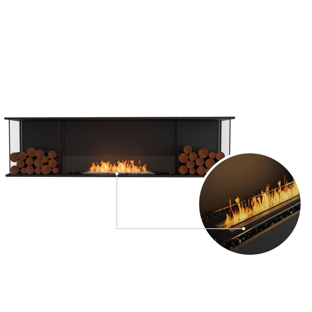 EcoSmart Fire Flex 78 bioethanol fireplace with black frame, decorative logs, and a close-up of the linear burner flame.